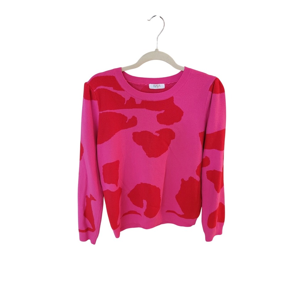 Avara Pink Red Abstract‎ Leopard Print Puff Sleeve Knit Sweater